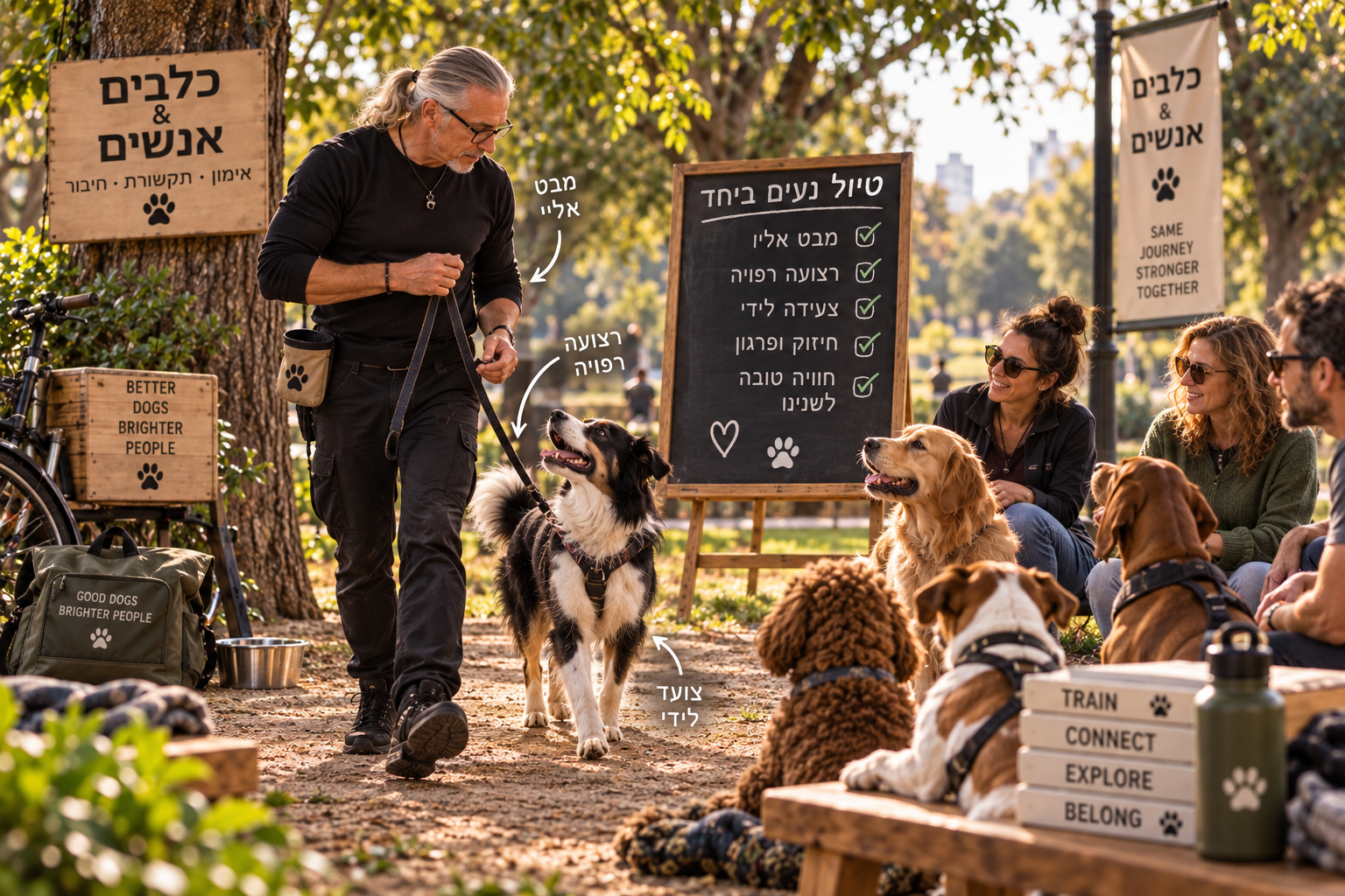 אילן מטייל בפארק עם כלב ברצועה רפויה, לצד לוח 'טיול נעים ביחד' וכלבים ואנשים שיושבים ומסתכלים